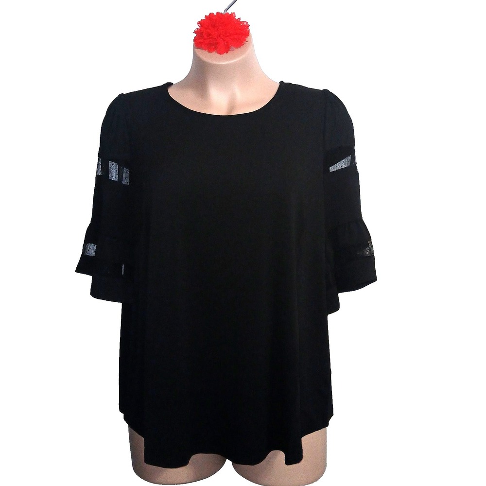 Adrianna Papell Women Top 2X Black Mesh Bell Sleeve Stripes Minimalist Solid